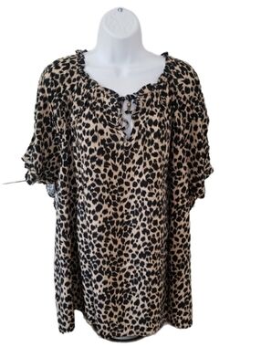 Liz Claiborne Leopard-Print Peasant Tunic - Black and Cream, 3X